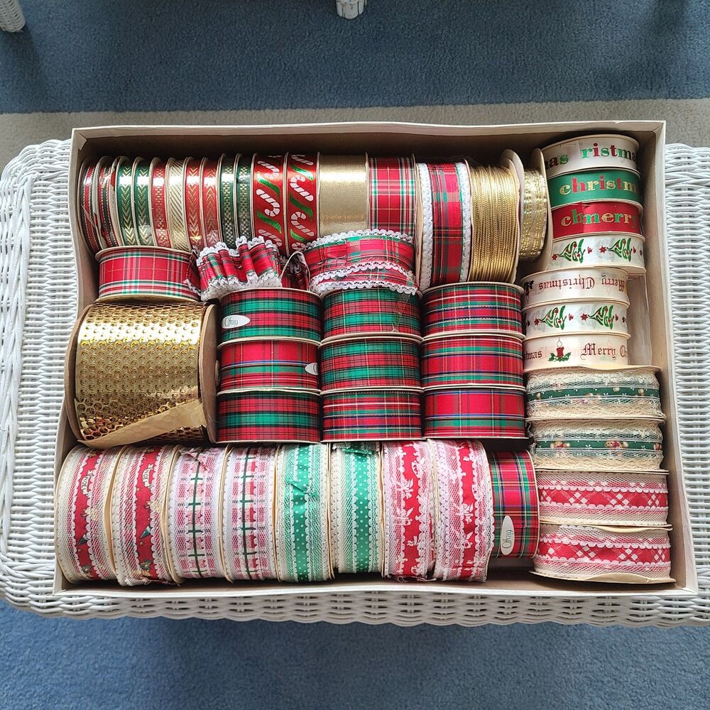 Vintage 48 Rolls Christmas Ribbon Lot Retro Fabric Craft Holiday Supply Spools